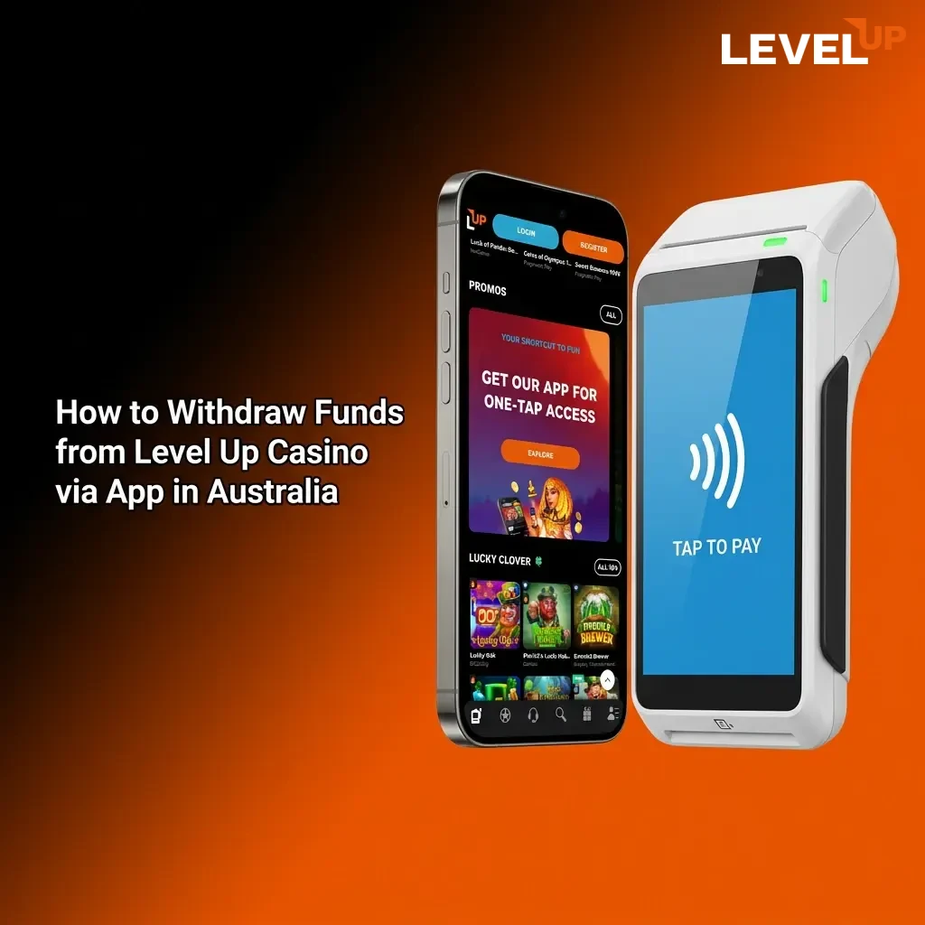Hands holding a smartphone showing Level Up Casino app cashier withdrawal screen in Australia