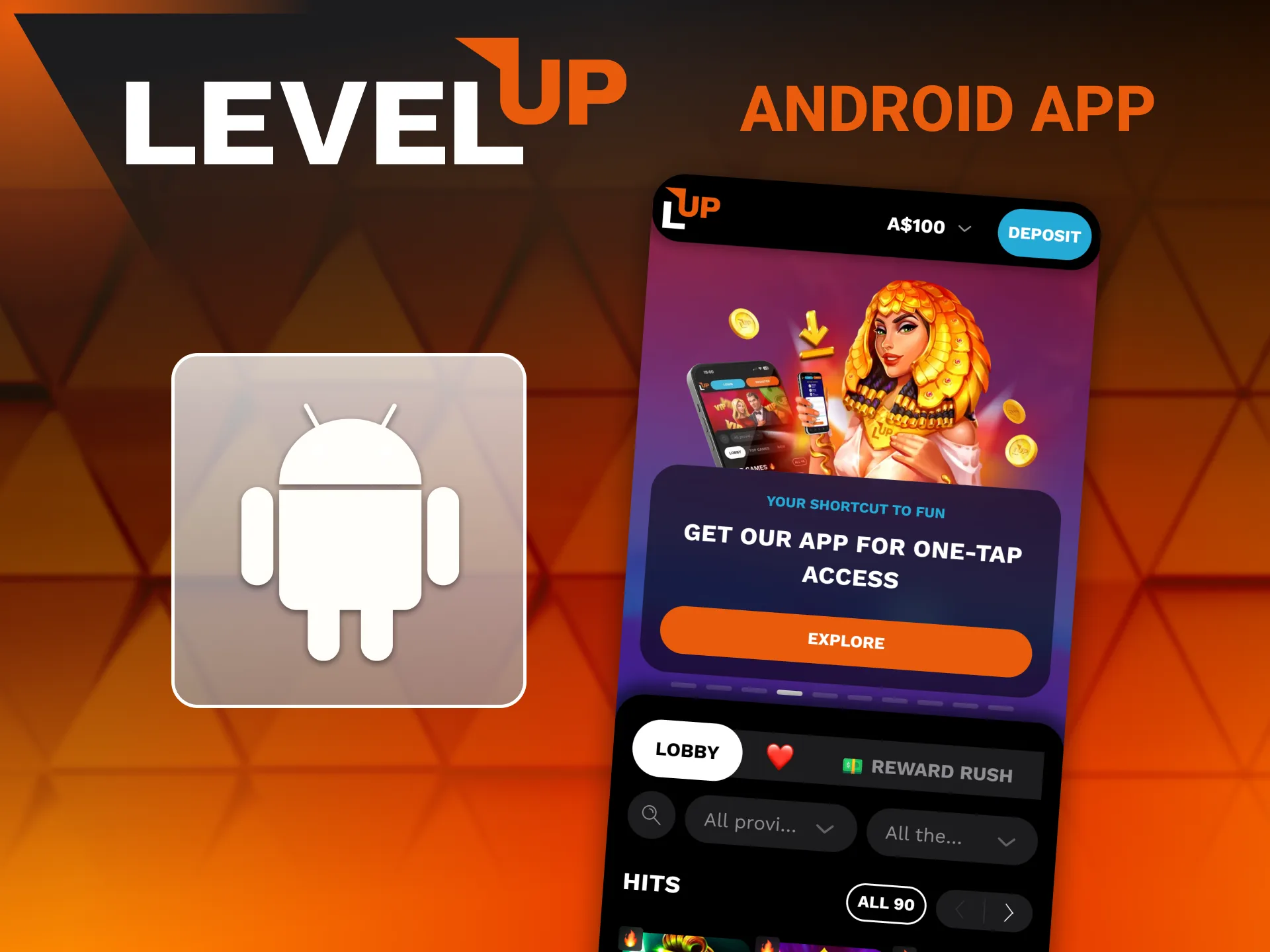 Level Up Casino Android app APK download and installation steps on a mobile device.