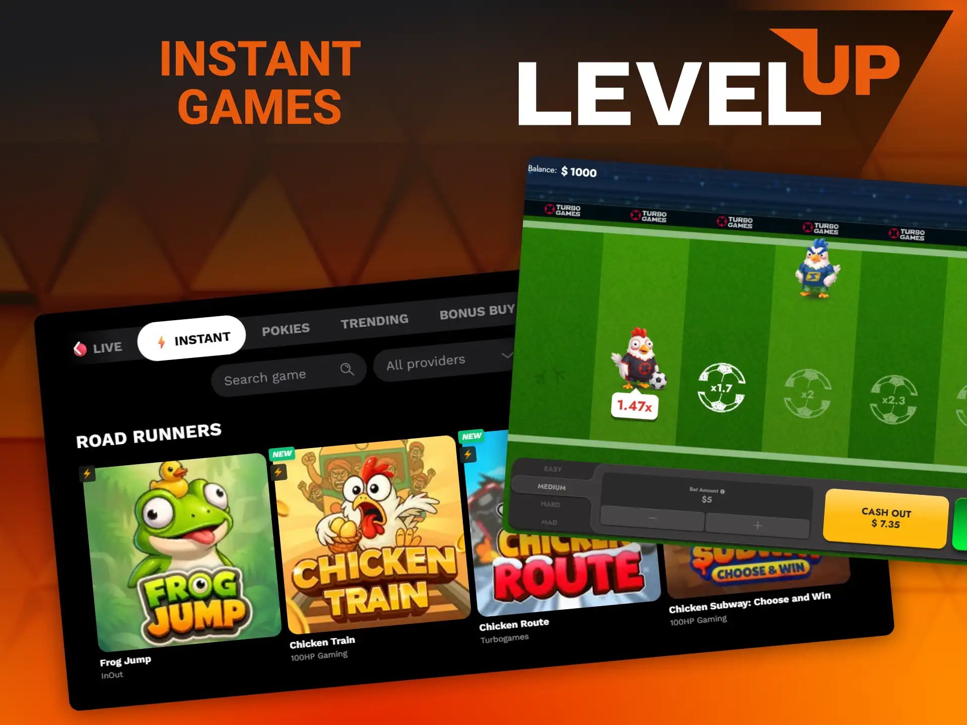 Try your luck with the quick crash and instant payout games at Level Up.