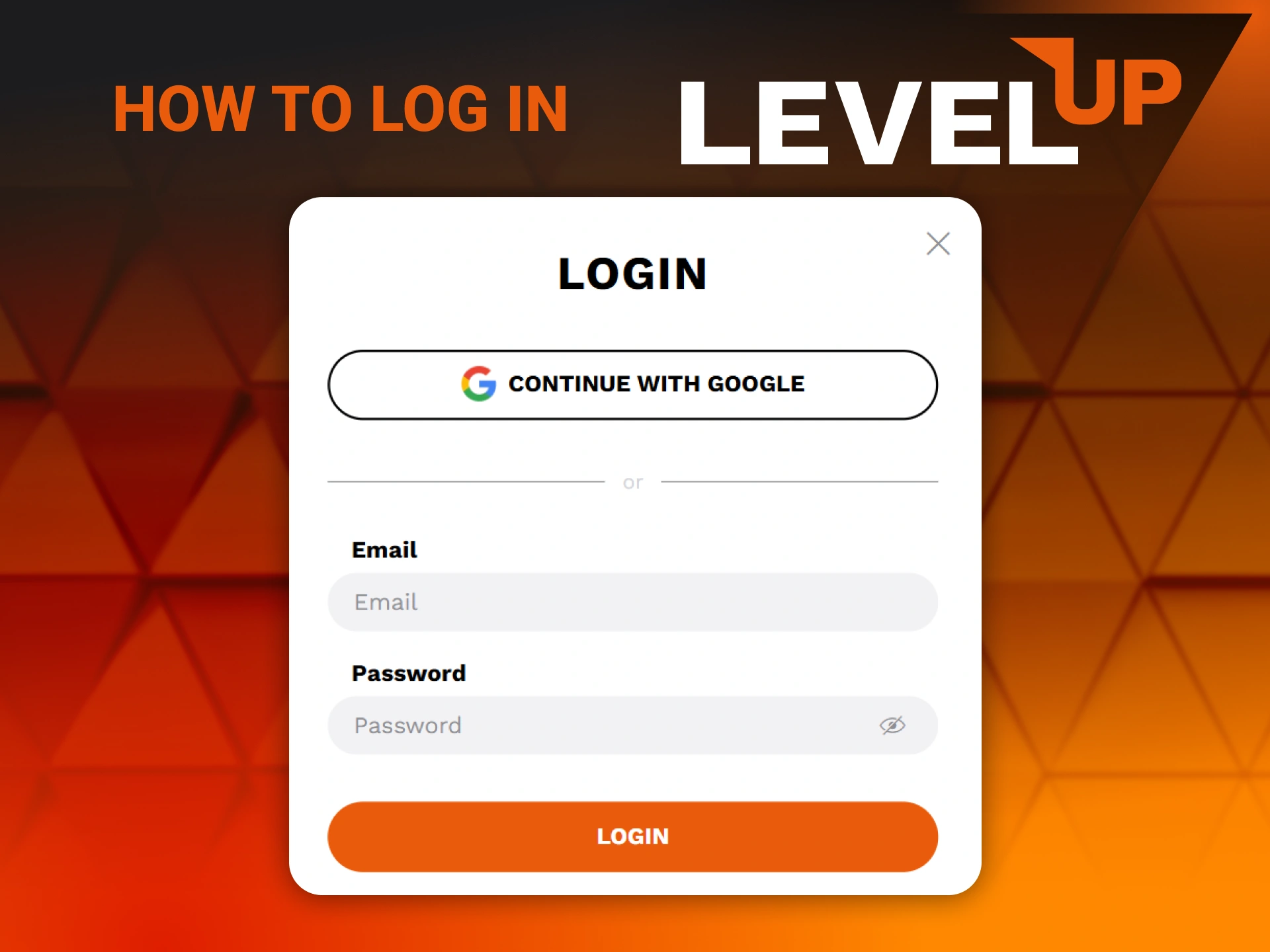 Level Up Casino login screen showing email, password fields, and Log In button for Australian players.