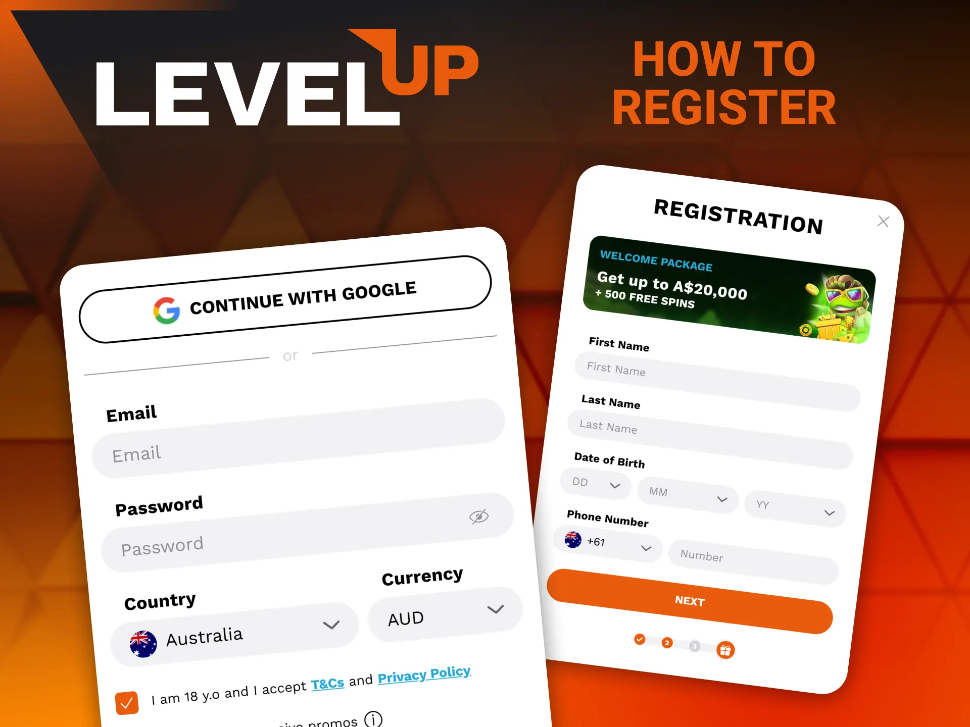 Step-by-step Level Up Casino registration guide for Australian players showing signup form and account setup process.