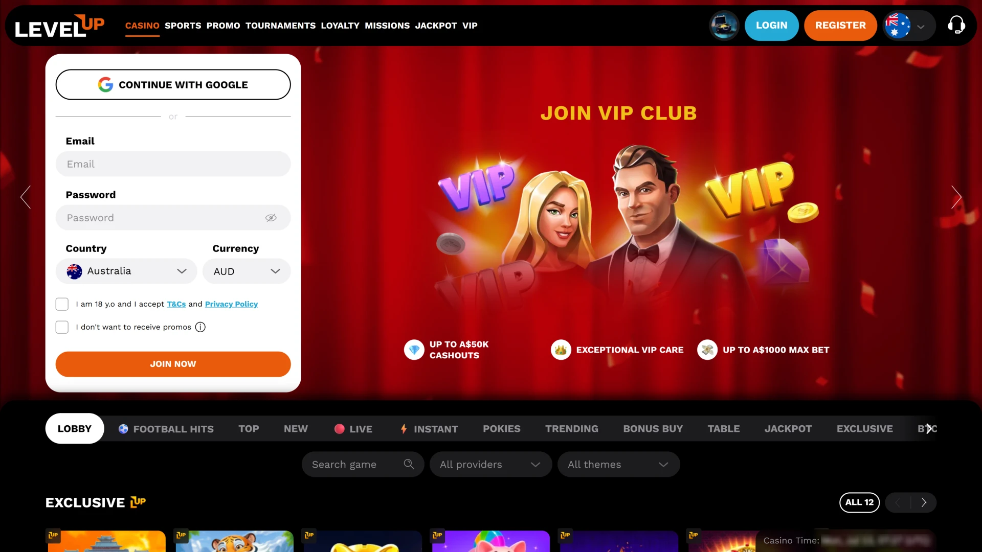 Visit the official platform of the premium online casino Level Up.