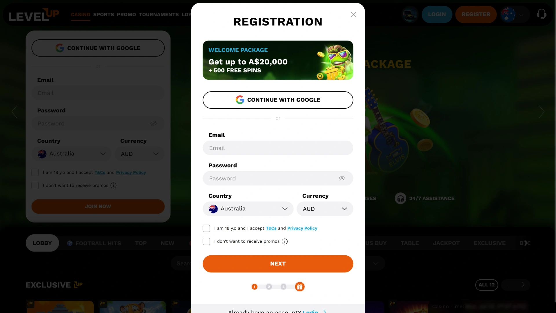 Open a new player account through the quick sign-up form at Level Up.